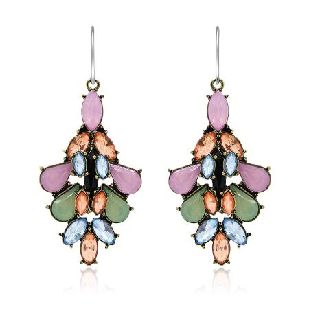 Summer Multi Color Resin Earrings - A pair of Summer Multi-Color Resin Earrings with a symmetrical, floral-like pattern of colorful gemstones set in gold-tone metal, shown against a white background.