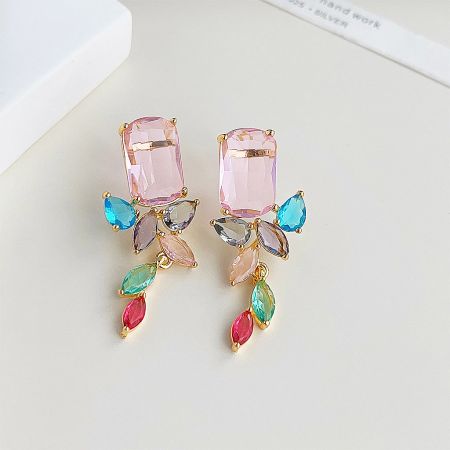 Gold Plated Multi-Color Zircon Drop Dangle Earrings (Set of 5 Pairs) - A set of five pairs of gold-plated dangle earrings with a vibrant mix of multi-color zircon gemstones.