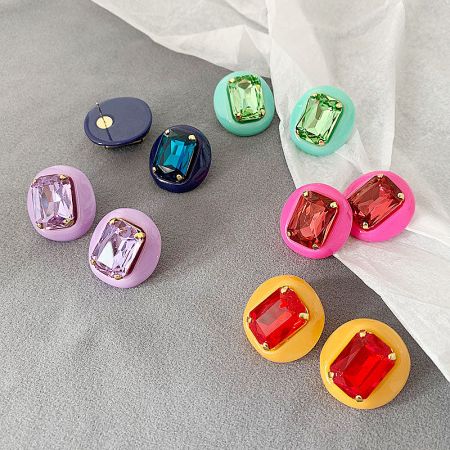 Pop Art Vintage Candy Color Gemstone Stud Earrings - A collection of pop art vintage stud earrings in various candy colors, each featuring a large oval gemstone.