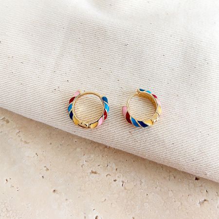 14k Gold Plated Rainbow Enamel Small Huggie Hoop Earrings (5 pairs) - A close-up of a pair of 14k gold-plated huggie hoop earrings with vibrant, multi-colored rainbow enamel stripes.