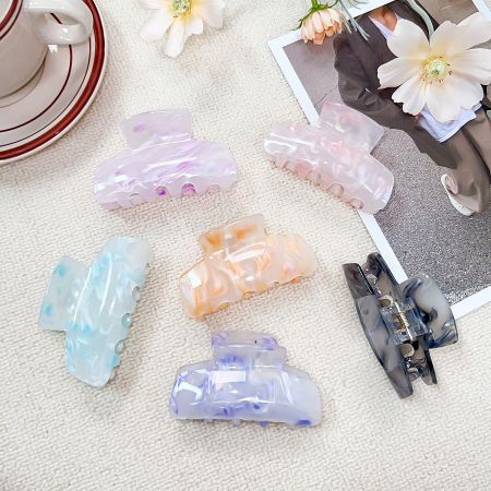Simple 8cm Waterproof Plastic Acetate Hair Claw Clips (Set of 5) - A vibrant collection of six simple 8cm waterproof plastic acetate hair claw clips in various marbled colors, displayed on a clean white background.