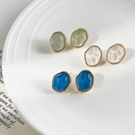 14K Gold Plated Resin Color Irregular Geometric Stud Earrings (5 Pairs) - A set of three pairs of 14K gold plated irregular geometric stud earrings in blue, white, and green resin, displayed together.