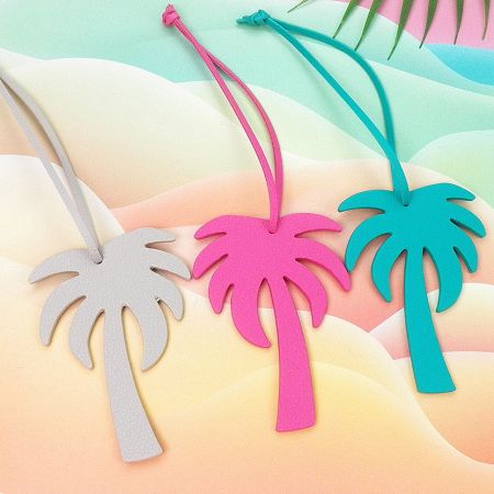 Three coconut tree keychains in yellow, pink, and blue, showcasing the available color options.