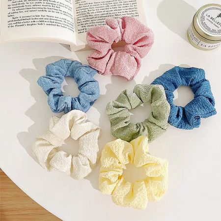 Girls Candy Color Elastic Hair Tie Scrunchie (Set of 5) - A vibrant collection of six candy-colored fabric hair scrunchies for girls, displayed neatly on a white background.