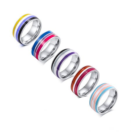 A set of six sterling silver rings with colorful enamel pride flag stripes.