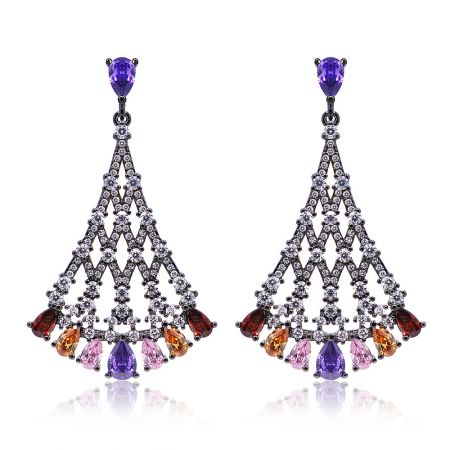 Multicolor Fan Drops Earrings - A pair of Multicolor Fan Drops earrings with teardrop-shaped multi-colored gemstones on a white background.