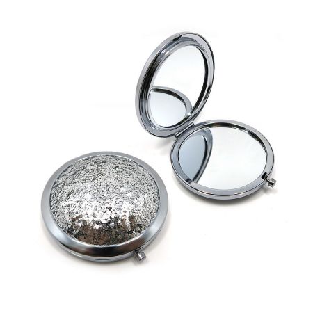 Sequin 3D Lid Cosmetic Gifts Compact Mirrors - A stylish round compact cosmetic mirror with a sparkling silver sequin 3D lid, shown open and closed.