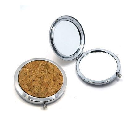 Cork Style Compact Mirrors - A stylish round compact mirror with a natural cork-patterned lid, shown closed against a white background. An ideal eco-friendly promotional gift.