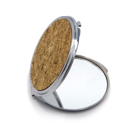 Cork Flat Compact Mirrors - Stylish cork flat compact mirror with a textured lid and polished silver frame, model PID-6280.