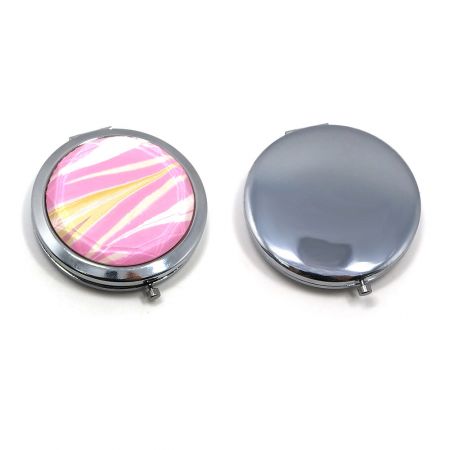 Round Crystal Small Pocket Mirrors - A stylish round crystal pocket mirror with a pink and yellow design next to a classic silver compact mirror, showcasing customization options.