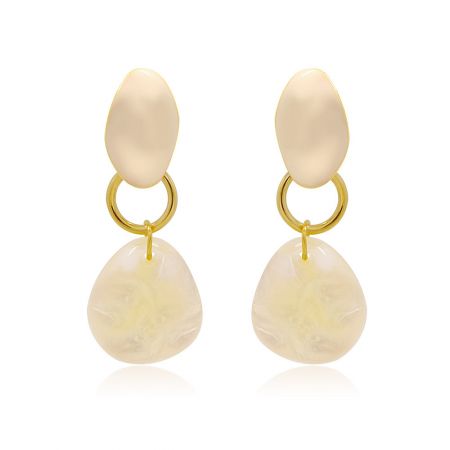 Bella Dangle Earrings - Bella Dangle Earrings featuring a cream-colored oval top and teardrop-shaped bottom with elegant gold accents, on a white background.