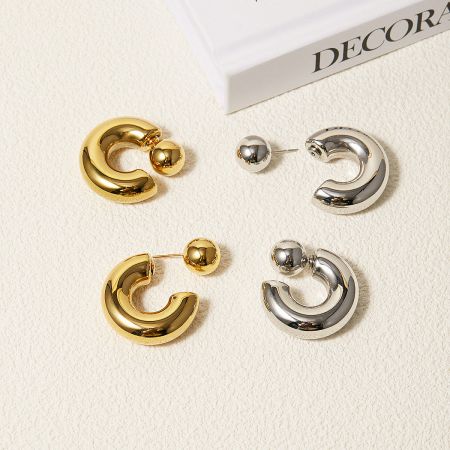 Stainless Steel Chunky Ball Stud Earrings (5 Pairs) - A set of stainless steel chunky ball stud earrings, displaying two pairs in a gold finish and two pairs in a silver finish, arranged neatly on a neutral background.