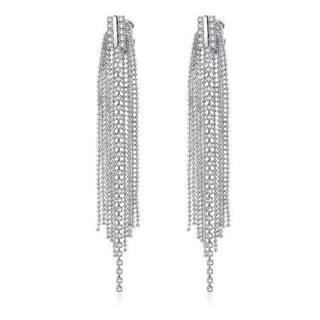 Crystal Tassel Chandelier Clip Earrings - A close-up view of the Crystal Tassel Chandelier Clip Earrings, showcasing the sparkling white Czech crystals and rhodium-plated brass tassel design.