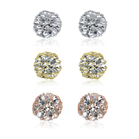 Three Pair Round Wire CZ Stud Earrings Set - A set of three pairs of round CZ stud earrings, displayed in silver, gold, and rose gold plated brass settings, perfect for versatile styling.