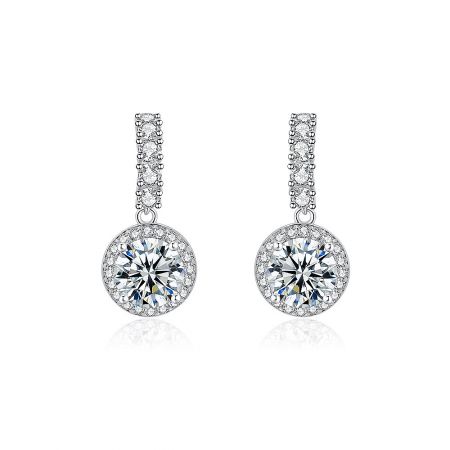 Hoop Dangle Earrings with Cubic Zirconia - A pair of Hoop Dangle Earrings with a circular halo design, featuring large round cubic zirconia crystals surrounded by smaller pave crystals, crafted by JR Fashion Accessories.