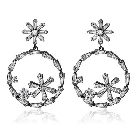 Floral Black Hematite Plating Big CZ Earrings - A pair of Floral Black Hematite Plating Big CZ Earrings, featuring a circular hoop design with an intricate crystal flower motif and a matching flower stud.