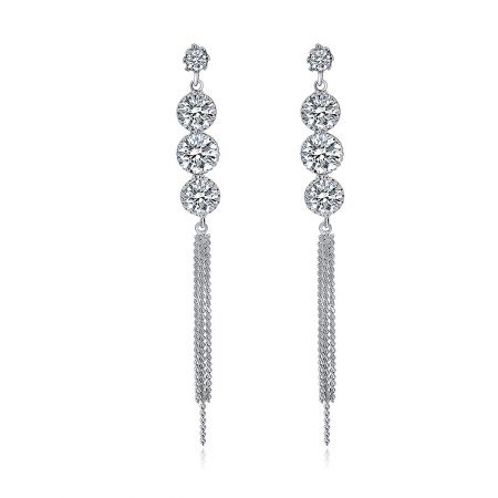 Four Stones Long Chain Earrings - A pair of Four Stones Long Chain Earrings with stacked round cubic zirconia crystals and elegant silver tassel details, against a white background.