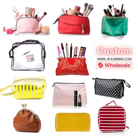 An assortment of custom cosmetic bags and pouches available for wholesale, highlighting different designs and materials.