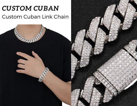 Custom Cuban Link Chain Necklace - A detailed view of a custom Cuban link chain necklace and bracelet set, crafted from silver metal and encrusted with sparkling cubic zirconia stones, offered by JR Fashion Accessories.