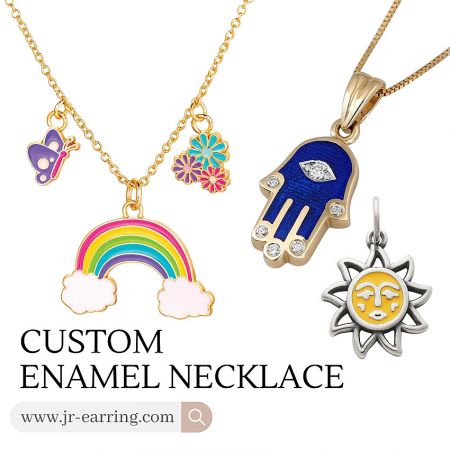 Custom enamel necklaces featuring various charming designs like rainbows, butterflies, and flowers.