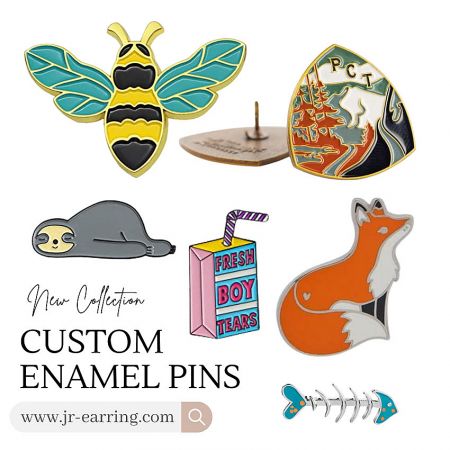 A diverse collection of custom-made enamel pins with unique and creative designs.