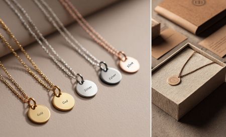 A collection of custom engraved disc necklaces in gold, silver, and rose gold, showcasing OEM and private label capabilities.