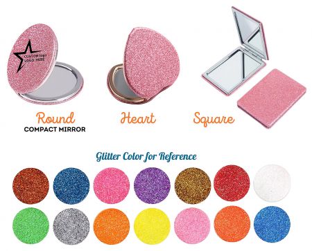 Customizable compact mirrors in round, heart, and square shapes with various glitter color options.