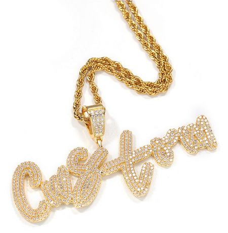A luxurious custom gold chain necklace featuring a brilliant diamond-encrusted pendant, representing high-end hip-hop jewelry.