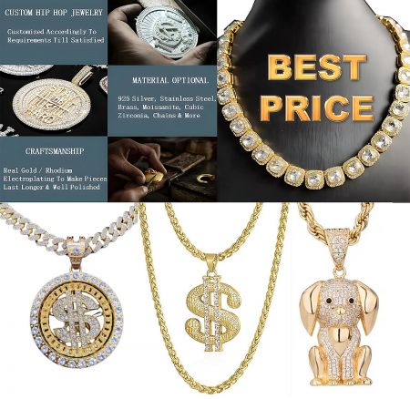 A showcase of various custom hip hop jewelry pieces, including pendants and chains.