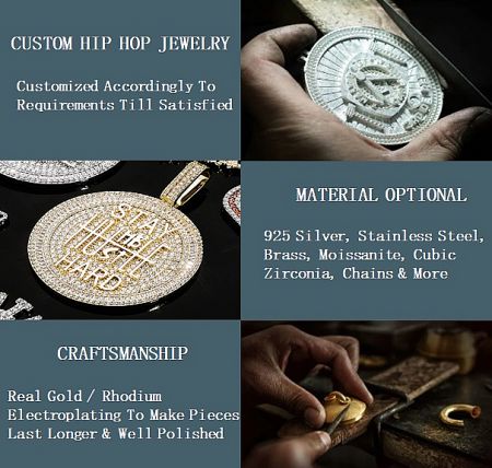 A collage displaying the diverse range of custom hip hop jewelry, including rings and pendants, offered by JR Fashion Accessories.
