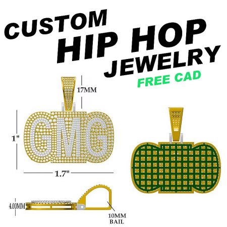 Examples of custom hip hop jewelry pendants with design measurements.