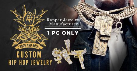 Custom Hip Hop Jewelry - Promotional banner for custom hip-hop jewelry by JR Fashion Accessories, featuring bold, iced-out rapper-style gold chains and pendants.