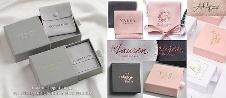 Custom logo options for jewelry boxes and pouches, including printing and debossing.