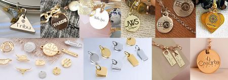 Custom Metal Jewelry Tags for Branding Solutions - A diverse collection of custom metal jewelry tags and charms in various shapes and finishes, showcasing branding for different companies.