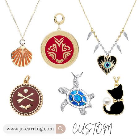 An assortment of custom enamel pendants and necklaces showcasing various creative styles.