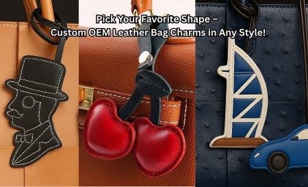 Examples of custom OEM leather bag charms by JR Fashion Accessories, including cherry and gentleman designs, attached to handbags.
