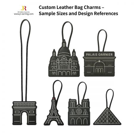 Leather Purse Charm – Paris Souvenirs for Global Buyers - A collection of custom black leather bag charms by JR Fashion Accessories, featuring detailed designs of Paris landmarks like the Eiffel Tower and Arc de Triomphe.
