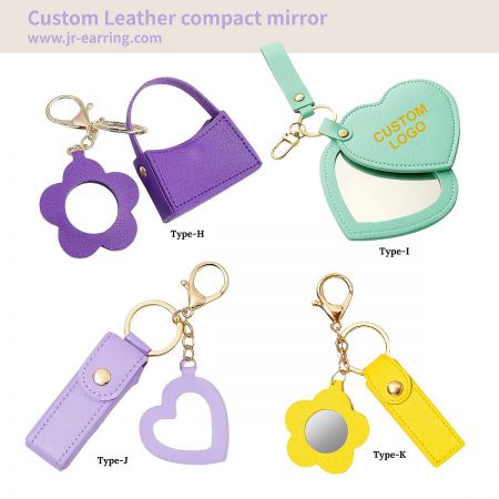Various custom leather compact mirror designs including heart and flower shapes.