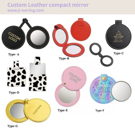 Custom Leather Compact Mirrors | Promotional & Personalized Gifts - A collection of custom leather compact mirrors in various styles and colors, including black, red, cow print, and holographic, offered by JR Fashion Accessories for bulk promotional gifts.