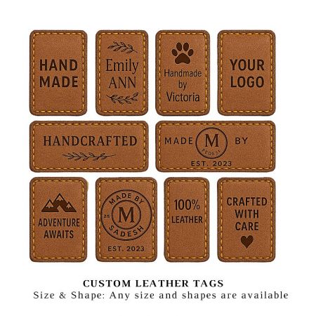A variety of custom leather tags with different embossed text and designs.