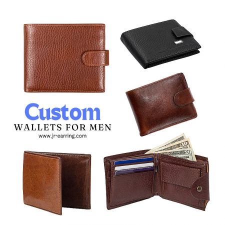 A selection of custom leather wallets for men in various designs and colors.