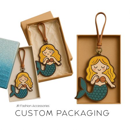 Custom packaging for the mermaid leather bag charms from JR Fashion Accessories.