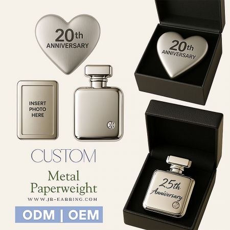 Custom engraved metal anniversary gifts, including heart-shaped paperweights, perfect for corporate and personal keepsakes.