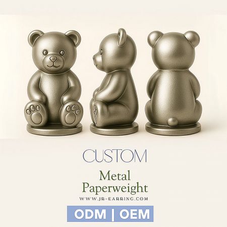 3-view design of a custom metal teddy bear paperweight, demonstrating precision manufacturing capabilities.