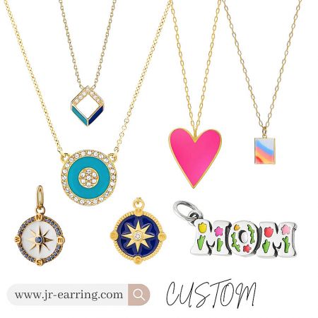 Detailed view of custom enamel necklaces with unique and intricate pendant designs.