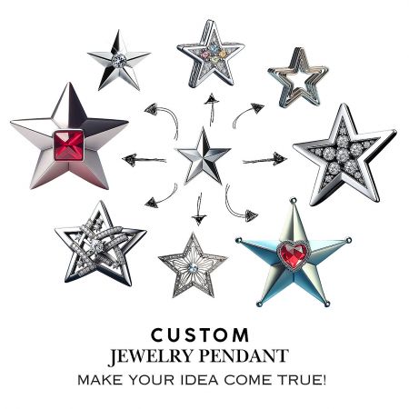Custom Jewelry Necklace Manufacturing - A collection of custom star-shaped jewelry pendants in gold and silver, featuring various gemstone options, showcasing JR Fashion Accessories' custom manufacturing capabilities.