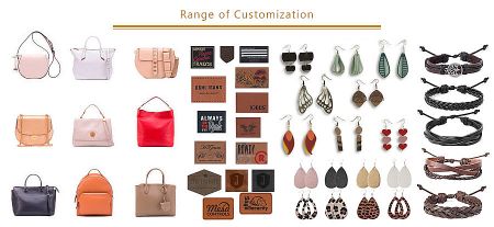Diverse customization options for leather goods, including bags, jewelry, and branded patches.