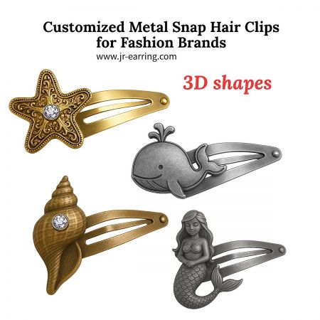 Customizable 3D metal snap hair clips in ocean-themed shapes like starfish and mermaid tails.