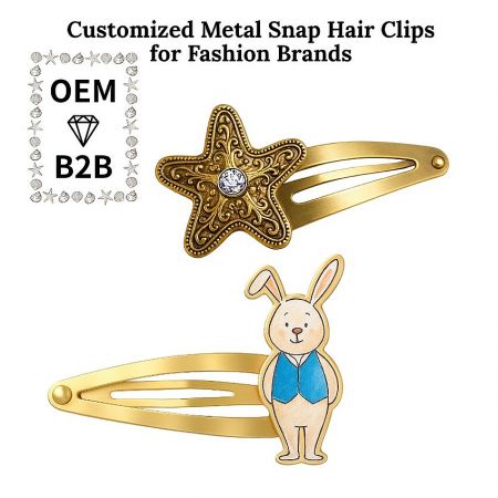 Customized metal snap hair clips for fashion brands, featuring star and rabbit designs.