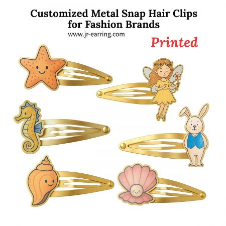 Examples of custom metal snap hair clips with printed cartoon designs for fashion brands.